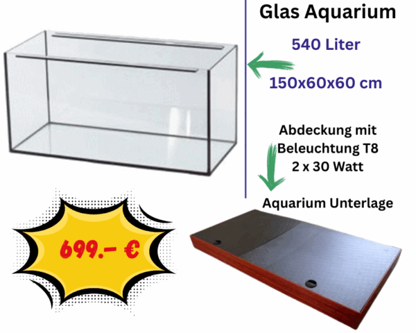 540 Liter Glasaquarium-150x60x60 cm inklusive Abdeckung und Unterlage