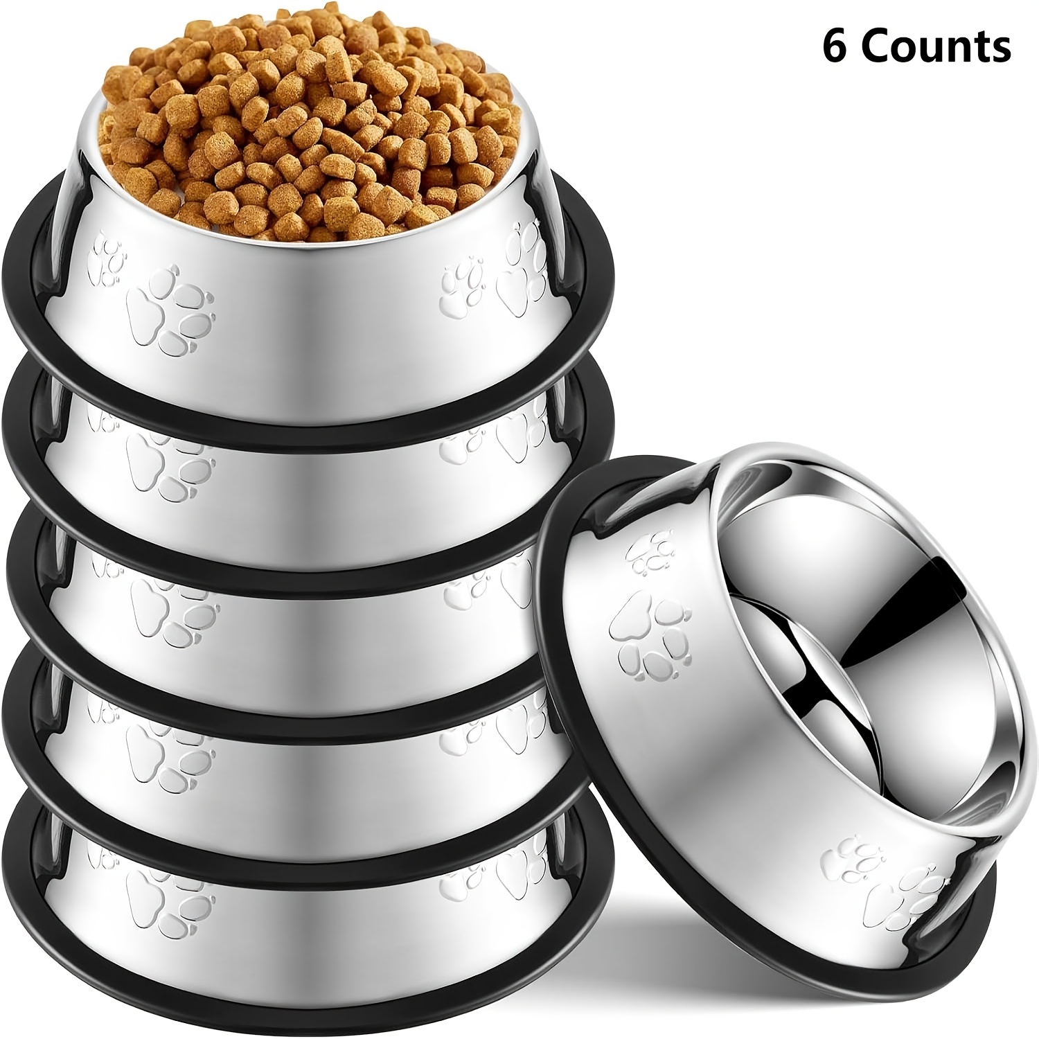 6er-Set Edelstahl-Futternäpfe – Rutschfeste Basis & Pfoten-Design